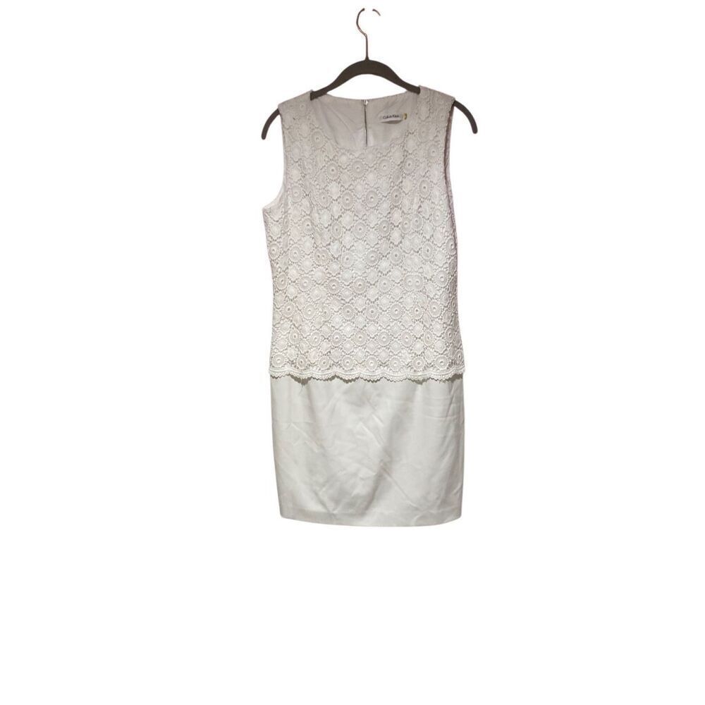 Calvin Klein women’s white sheet dress with crocheted overlay S/12 P ￼
